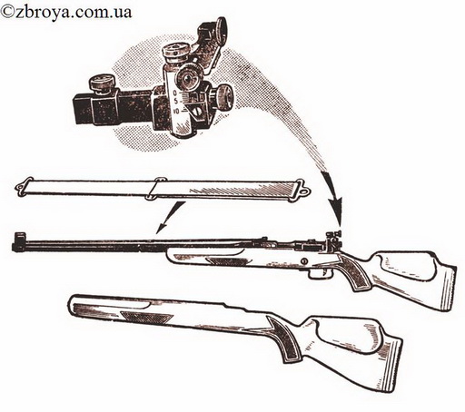 > <p>Два окна в коробке служат для прохода патрона из магазина и для ударно-спускового механизма. Штифт на коробке крепит задний конец противомиражной ленты. Сверху ствольной коробки находится окно для заряжания с экстракционным скосом, уменьшающим начальное усилие при выбрасывании гильзы. Хвостовик с отверстием для винта находится в задней части коробка. Справа на коробке имеются направляющий Т-образный паз для движения рамы и сквозной паз для ведущего выступа правого боевого упора затвора. Основание прицела крепится с левой стороны ствольной коробки с помощью трапециевидного выступа.</p> 