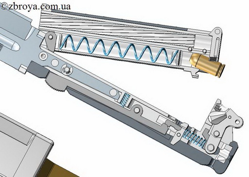 > <p>Для извлечения патрона из магазина необходимо надавить на дно патрона и сместить его вниз, после чего подаватель вытолкнет патрон.</p><p> Пружина подавателя патронов выполняет две функции: подпирает патроны в магазине и давит на рычаг выталкивающий магазин со стволом для перезарядки, после нажатия на фиксатор удерживающий магазин со стволом в закрытом положении.</p><p> Между магазином и стволом находится рычаг с подпружиненным выбрасывателем для выемки стреляной гильзы из патронника.</p><p> После отстрела патрона, для перезарядки оружия, необходимо открыть ствол, подпружиненный рычаг а основании оси поворота ствола откинет его на угол позволяющий извлечь стреляную гильзу из патронника. Надавить на рычаг с выбрасывателем и выдвинуть гильзу из патронника. Гильза выйдет из патронника не полностью, но на вполне достаточное положение, которое позволит перехватить ее пальцами и извлечь полностью из патронника. Сцепление неподвижного основания рукоятки, с подвижной частью с магазином и стволом происходит при помощи защелки, находящейся на основании рукояти ножа с крюком в нижней части магазина. Защелка на основании рукояти работает от боевой пружиной.</p><p> Боевая пружина работает в двух направлениях: подпирает защелку удерживающую магазин со стволом в закрытом состоянии, а также воздействует на толкатель курка, для производства выстрела.</p><p> УСМ куркового типа расположен в основании рукоятки.</p> <img style=