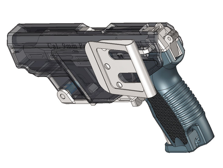 ><p>Кроме того, при перемещении пистолета внутри кобуры во время заряжания, только детали, изготовленные из стали, смогут выдержать те нагрузки, которые неизбежно возникнут при энергичной подаче пистолета ладонью, во время которой защелка будет отводиться в сторону.</p><p> Как видно на иллюстрациях, пистолет фиксируется в кобуре двумя упорами на стальной защелке. Нижний упор предотвращает перемещение пистолета во внутрь кобуры, верхний упор не позволяет вынуть пистолет из кобуры.</p><p> Для того чтобы либо извлечь пистолет из кобуры без заряжания, либо зарядить пистолет в кобуре, в любом случае необходимо разблокировать защелку — для чего нажать пальцем на подпружиненный фиксатор защелки и сместить ее. Этот подпружиненный фиксатор защелки специально показан в разрезе на графике, чтобы читатель мог иметь более точное представление о работе всего механизма кобуры.</p><img style=